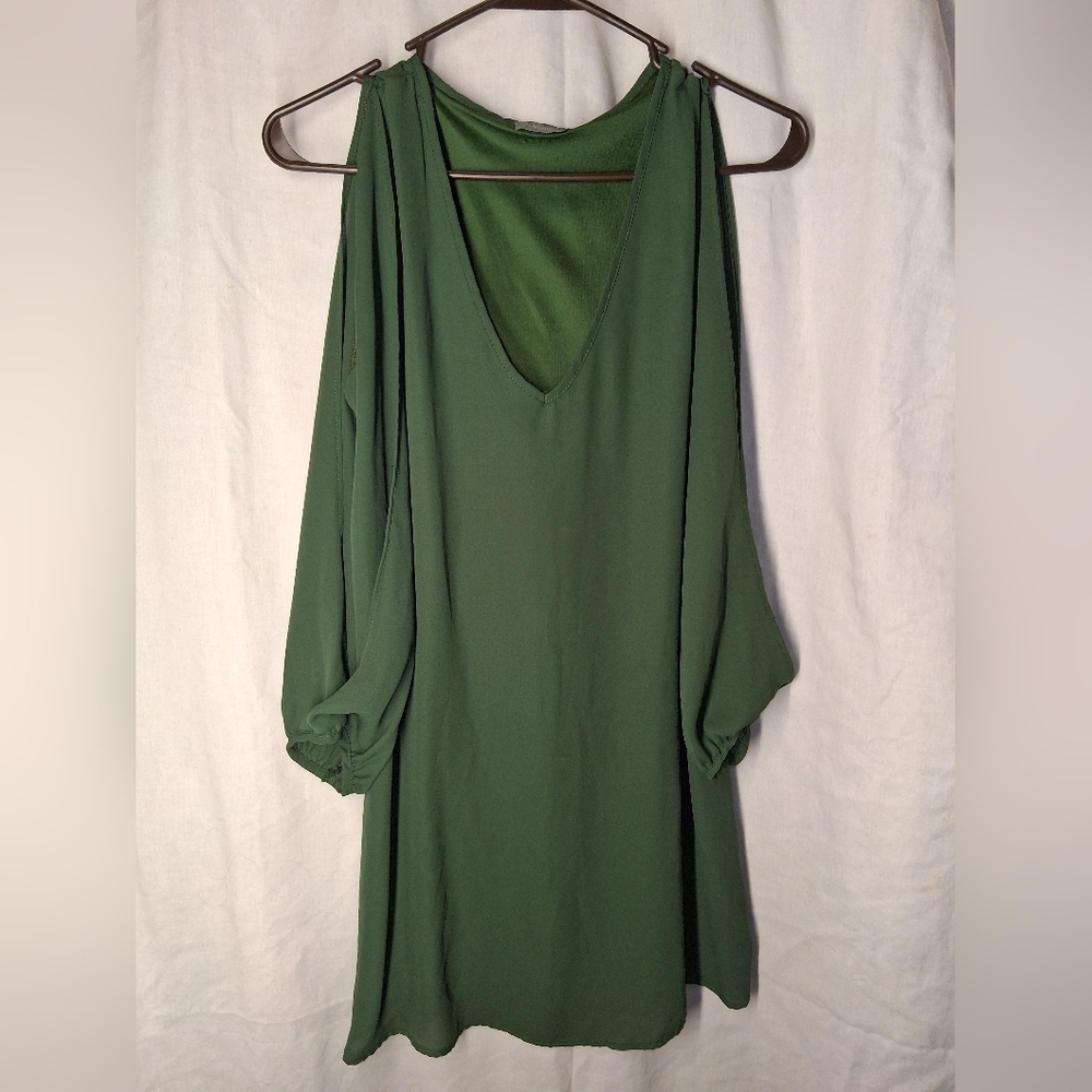 Vizio Olive Green V Neck Mini Dress With Exposed Arm Long Sleeves